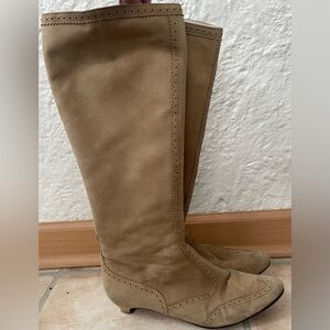 Lulu Guiness tan,suede, embroidered knee boots, leather sole/interior; 40 1/2
